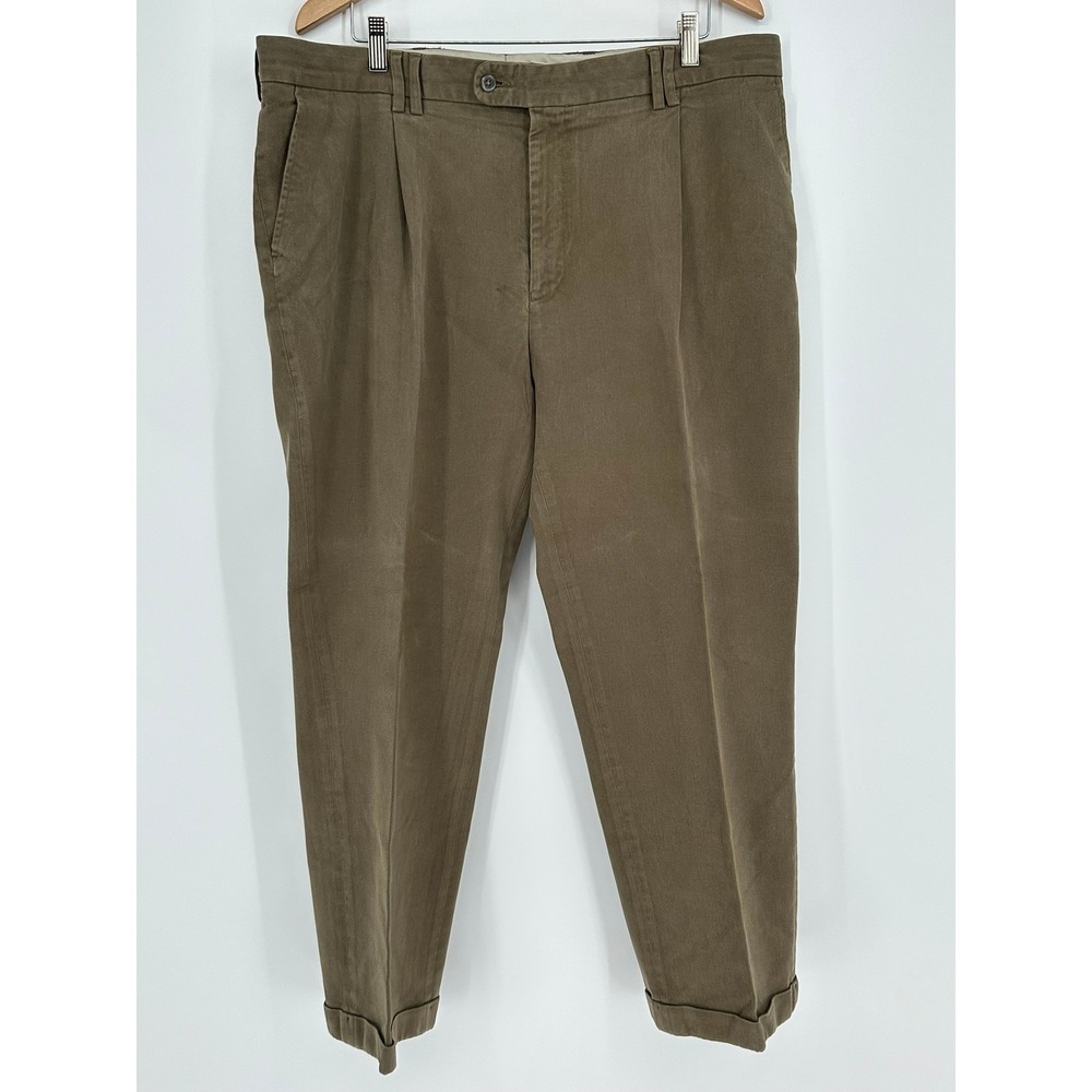 Barbour Mens Pleated Chino Trousers Olive Brown Cuffed Cotton Stretch Size 42
